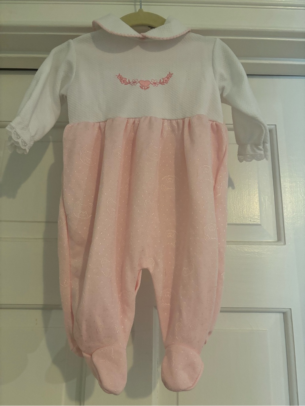 Vintage 1999 Honors Baby 3M Pink White Footed Romper Peter Pan Collar